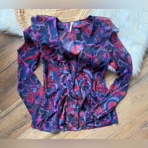 Free People The Groove Printed Ruffle Top Sheer Blouse Size Small